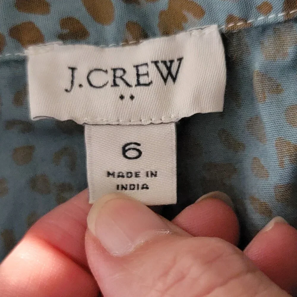 J. Crew Button Up Midi Shirt Dress Blue w Brown Animal Print - Picture 6 of 10